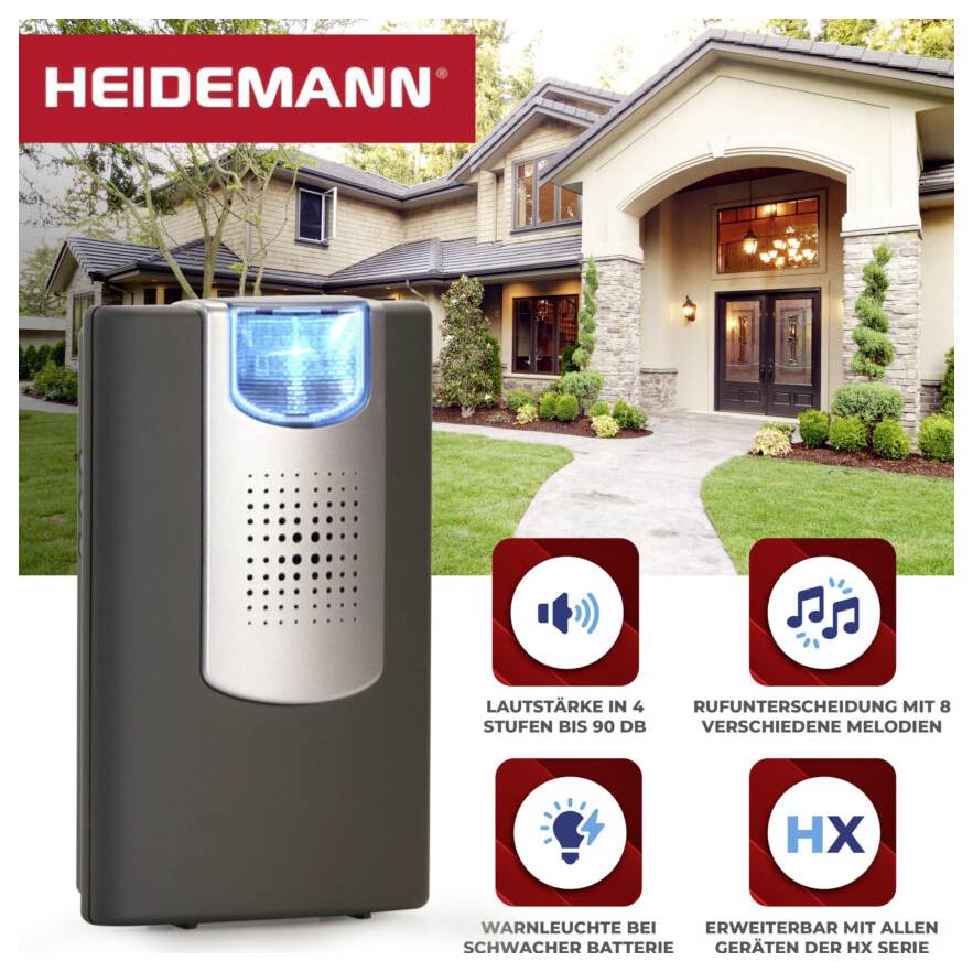 „Heidemann" csengető rendszer hangerő-szabályozással, 8 melodiával, alacsony akkumulátor esetén figyelmeztető lámpa. Bővíthető HX-készülékekkel.