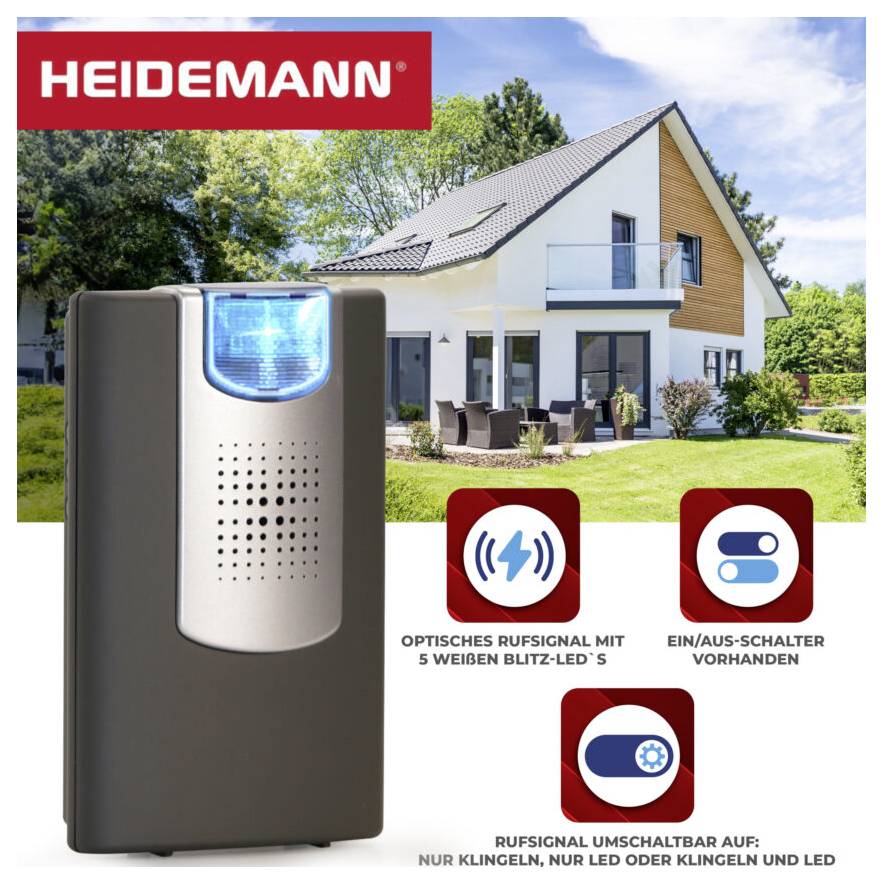 Egy Heidemann-funkos csengő egy modern ház előtt. Három szimbólum: optikai hívójel, be/ki kapcsoló, átkapcsolható csengő és LED között.