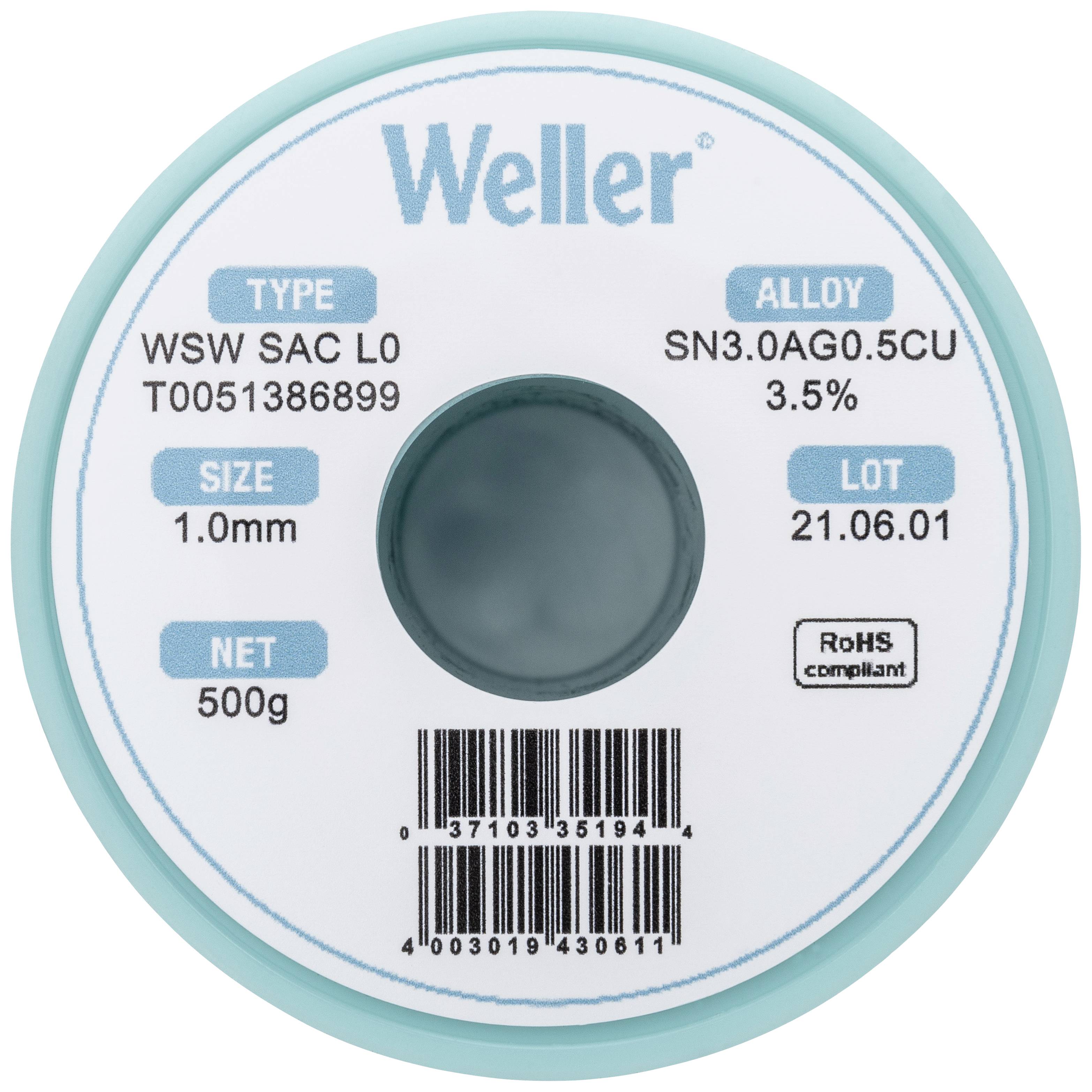 Weller WSW SAC L0 Forrasztóón, ólommentes Tekercs Sn3,0Ag0,5Cu 500 g 1 mm