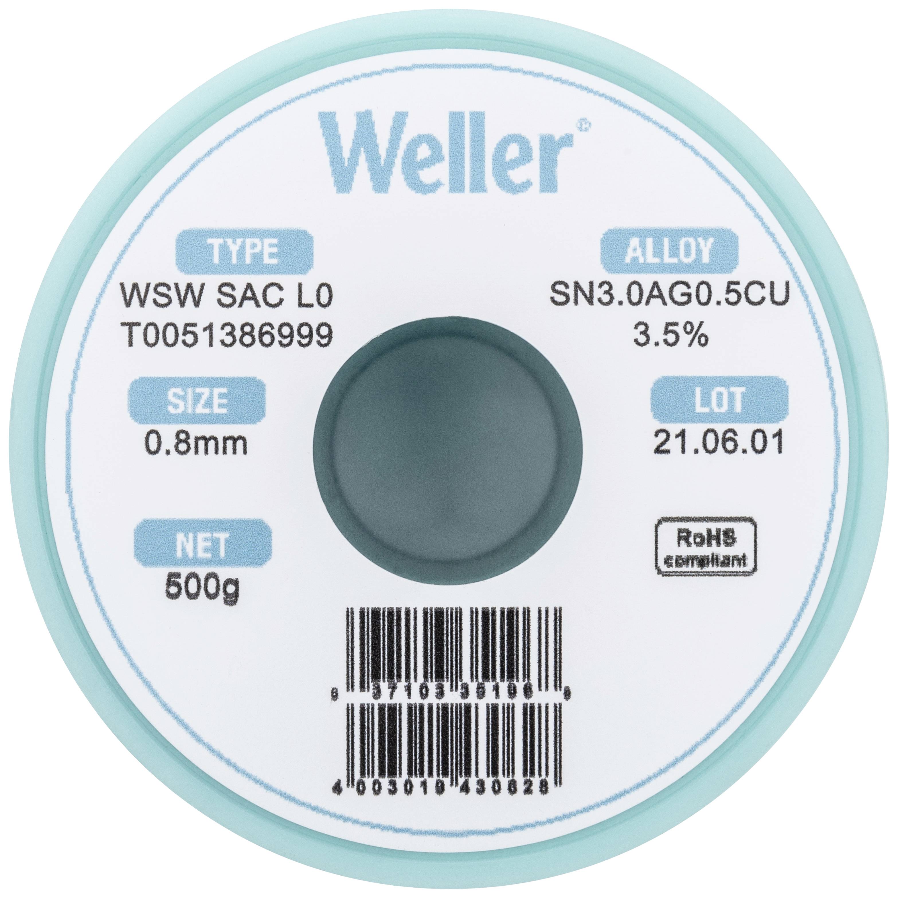 Weller WSW SAC L0 Forrasztóón, ólommentes Tekercs Sn3,0Ag0,5Cu 500 g 0.8 mm