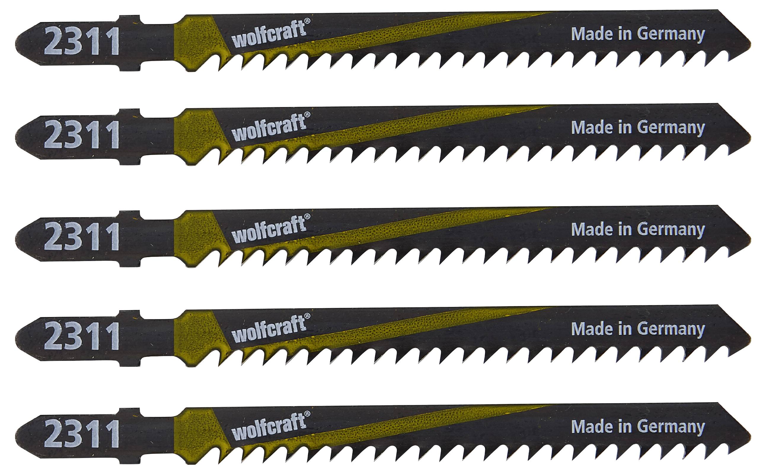 Öt darab 'wolfcraft' márkájú fűrészlap, 2311-es modellszámmal, 'Made in Germany' felirattal.