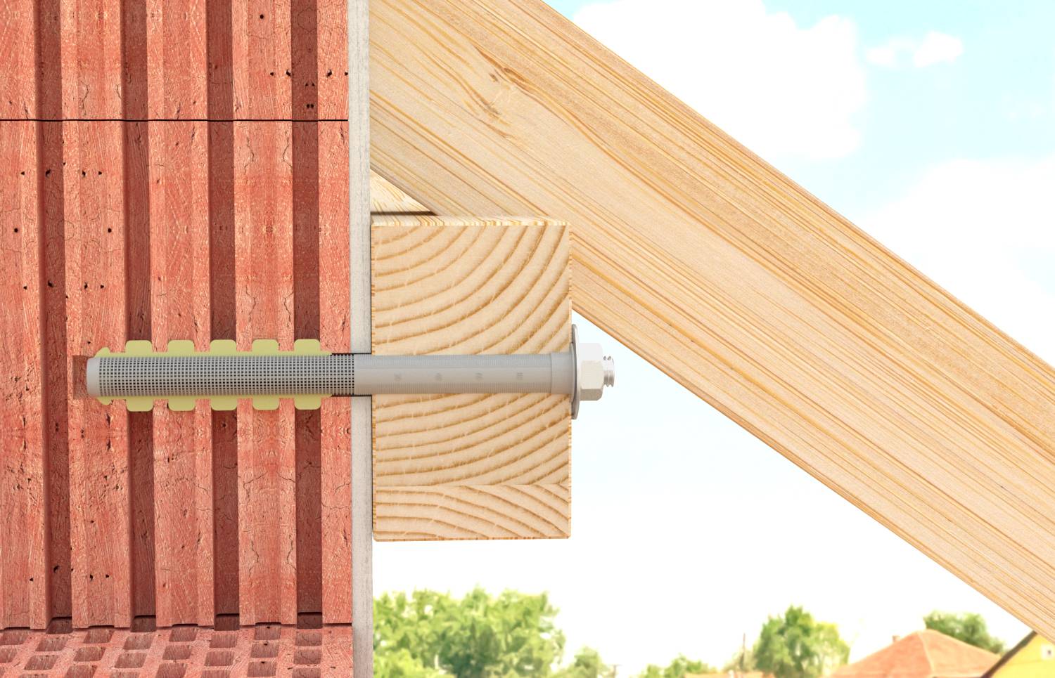 Egy facsatornázat közeli felvétele: egy fémcsavar rögzít egy vízszintes faét és blokkot egy függőleges piros lamellás panelhez, mögött egy átlós gerendával.
