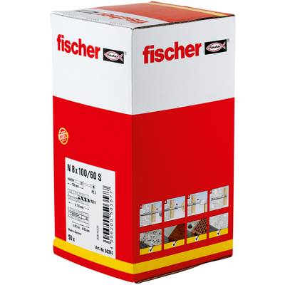 Fischer falitüskei doboza, amely "N 8 x 100/60 S" jelöléssel ellátott, termékillustrációkkal és egy műszaki specifikációs matricával az elején.