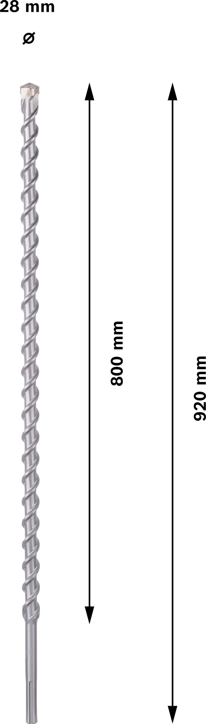 Fúró 28 mm átmérővel és 920 mm teljes hosszúsággal. Spirális kialakítás, a főhorony hossza 800 mm.