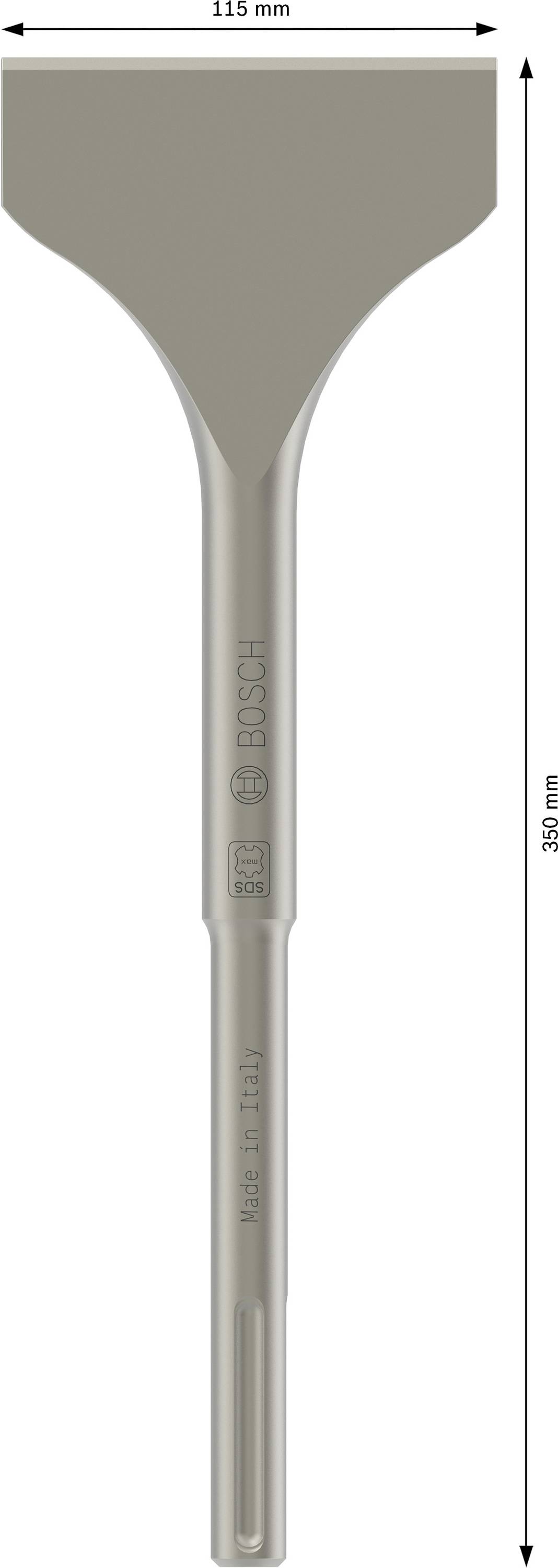 Egy véső 115 mm szélességgel és 350 mm teljes hosszúsággal. Márkalogó és felirat látható a szárán.