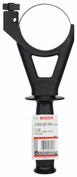 Egy fekete Bosch márkájú szerszámmarkolat kerek tartóval és emblémával. Használatra alkalmas a GBH 10 DC típusú készülékekhez.