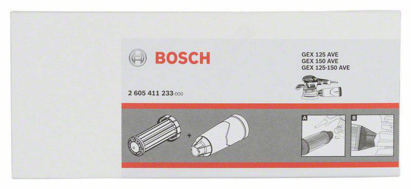 Bosch pótalkatrészek csomagolása illusztrációkkal. Bemutat egy pótalkatrészt és egy szerelési útmutatót. Alkalmas GEX 125/150 típushoz.