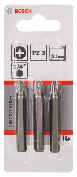 Három Bosch PZ3 bit, 51 mm hosszúságú, szimbólumokkal ellátott csomagoláson: csavarhúzófej, 1/4" méret.