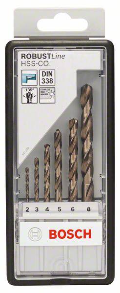 Satz fúrók különböző méretekben műanyag tokban. A címke felirata: 'ROBUSTLine HSS-CO', 'DIN 338', 'BOSCH'.