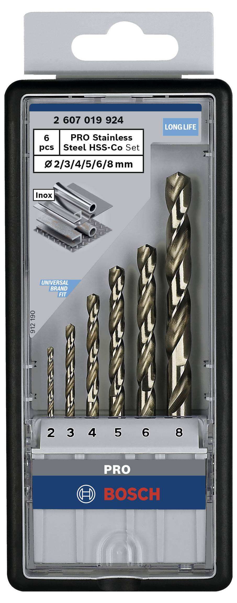 Bosch-Pro fúrószár készlet rozsdamentes acélhoz, 6 darabos, 2-8 mm méretekben, HSS-Co, tartós, műanyag dobozban.