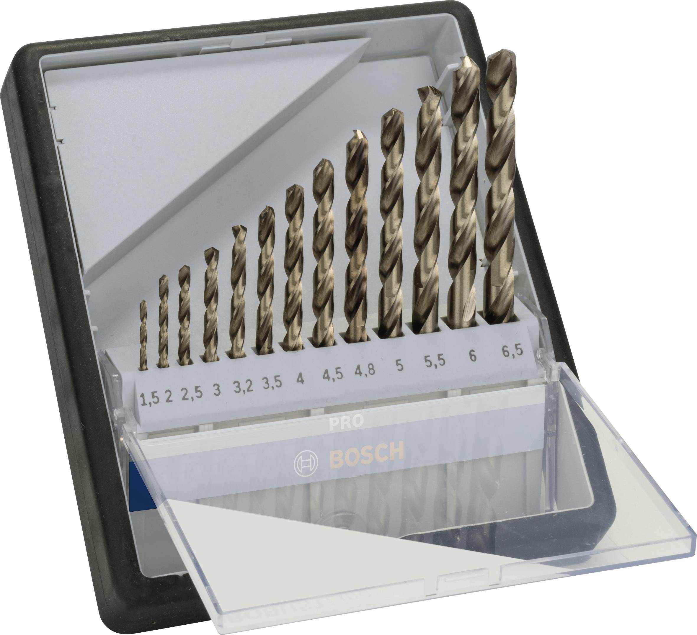 Fúrófej-készlet tizenkét fémfúróval különböző méretekben (1,5-től 6,5 mm-ig) nyitott műanyag dobozban, Bosch márka.
