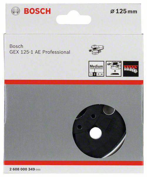 Bosch GEX 125-1 AE Professional csiszolólapok csomagolása, közepes szemcsemérettel, 125 mm átmérőjű, négy csiszolólap látható a csomagoláson.