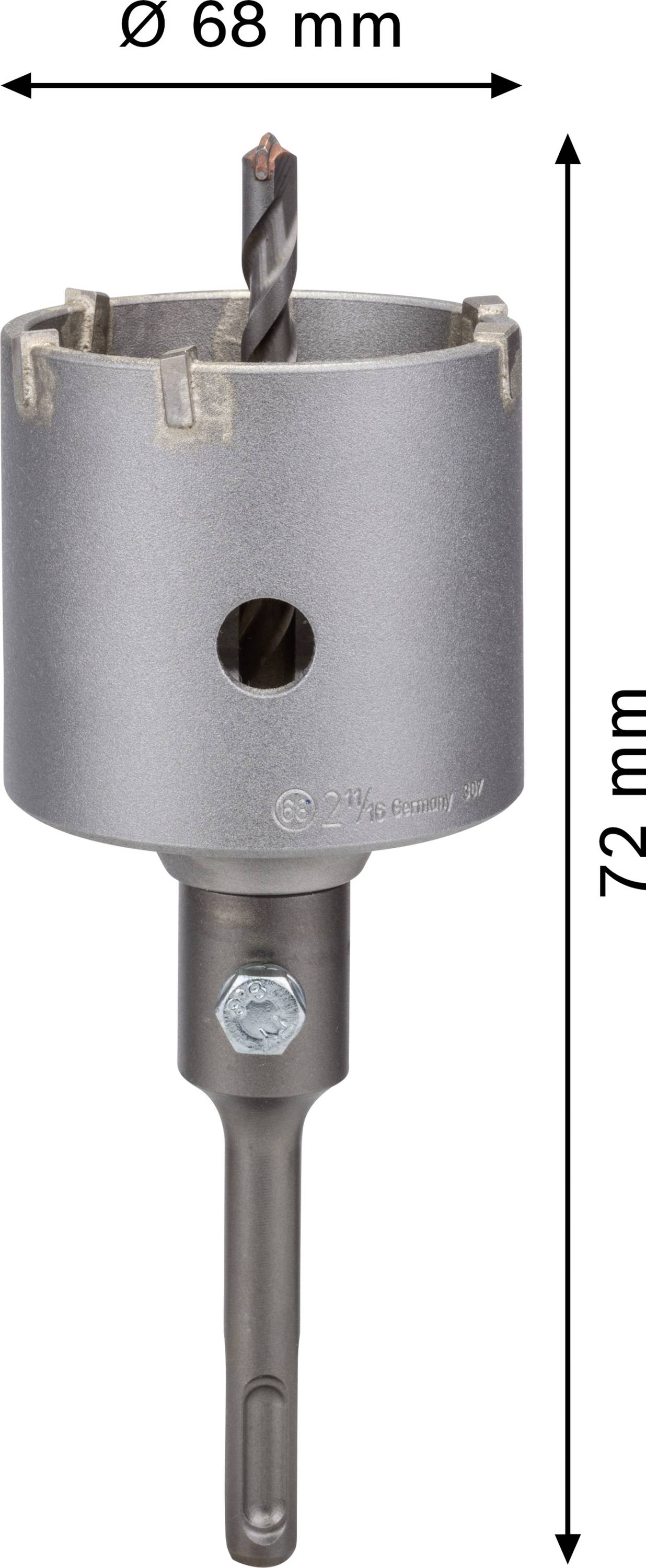 Szürke-fémes körkivágó fúró Ø 68 mm átmérővel és 72 mm hosszúsággal, alkalmas precíz fúrásokhoz vastag anyagban.