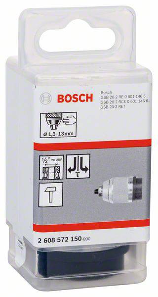Egy Bosch fúrógép tartozék csomagolása, amelyen egy tokmány képe látható. A szöveg tartalmazza a modellszámokat és a befogási mérettartomány információit.