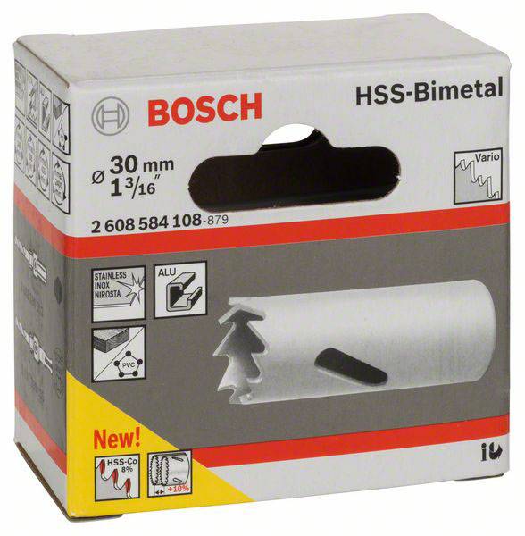 Egy Bosch HSS-bimetál körkivágó szürke csomagolásban. Átmérő: 30 mm. Alkalmas fa, fém és PVC anyagok kivágásához.