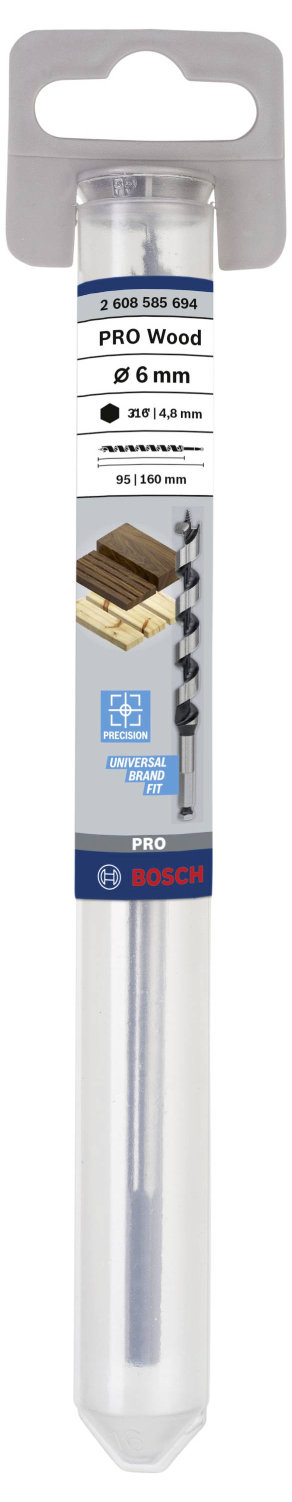Bosch fafúró, 6 mm átmérőjű, átlátszó csomagolásban címkével; alkalmazási példát és termékrészleteket mutat.