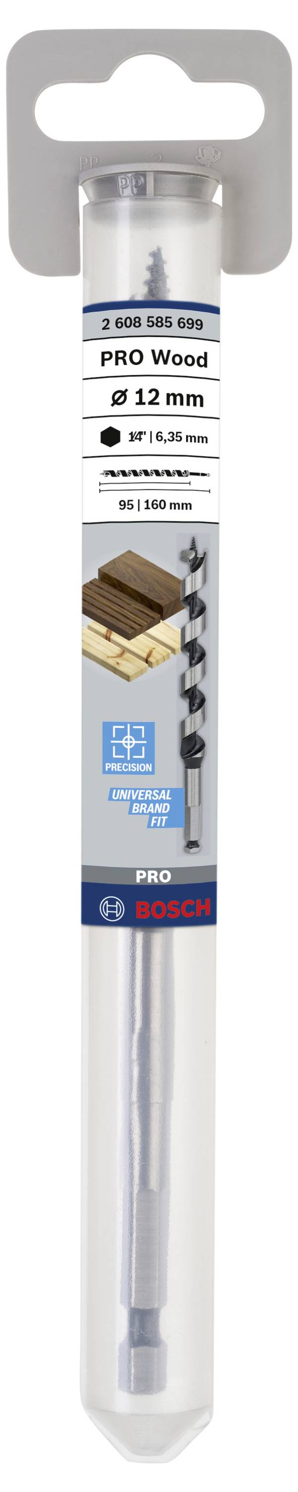Bosch fúró, 12 mm, alkalmas fához, a csomagolás fúrómintákat és alkalmazási példákat mutat fadeszkákkal.