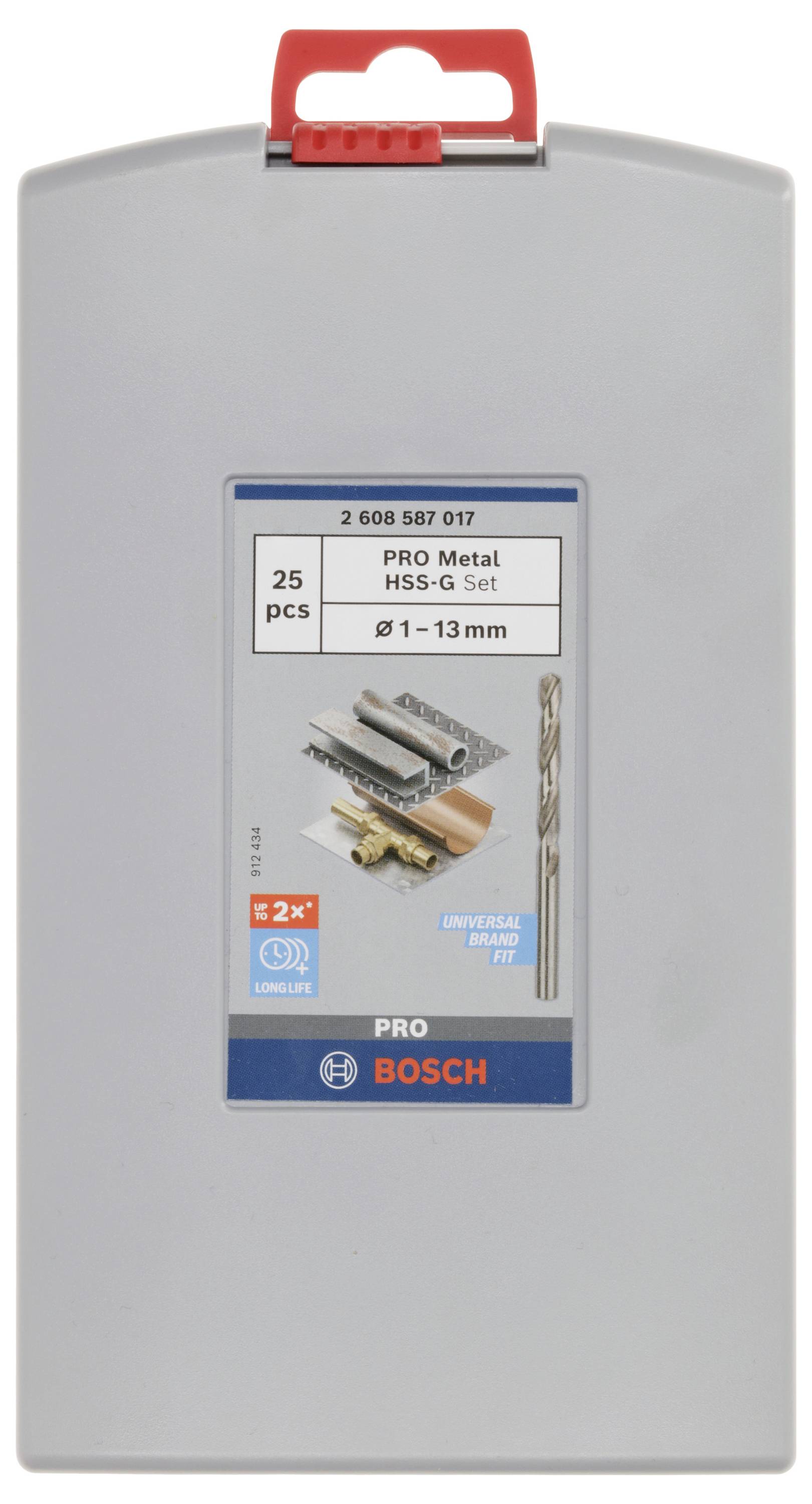 Bosch fúrószár készlet, 25 darabos, HSS-G, átmérő 1-13 mm, szürke csomagolásban piros fogantyúval, fémfeldolgozáshoz.