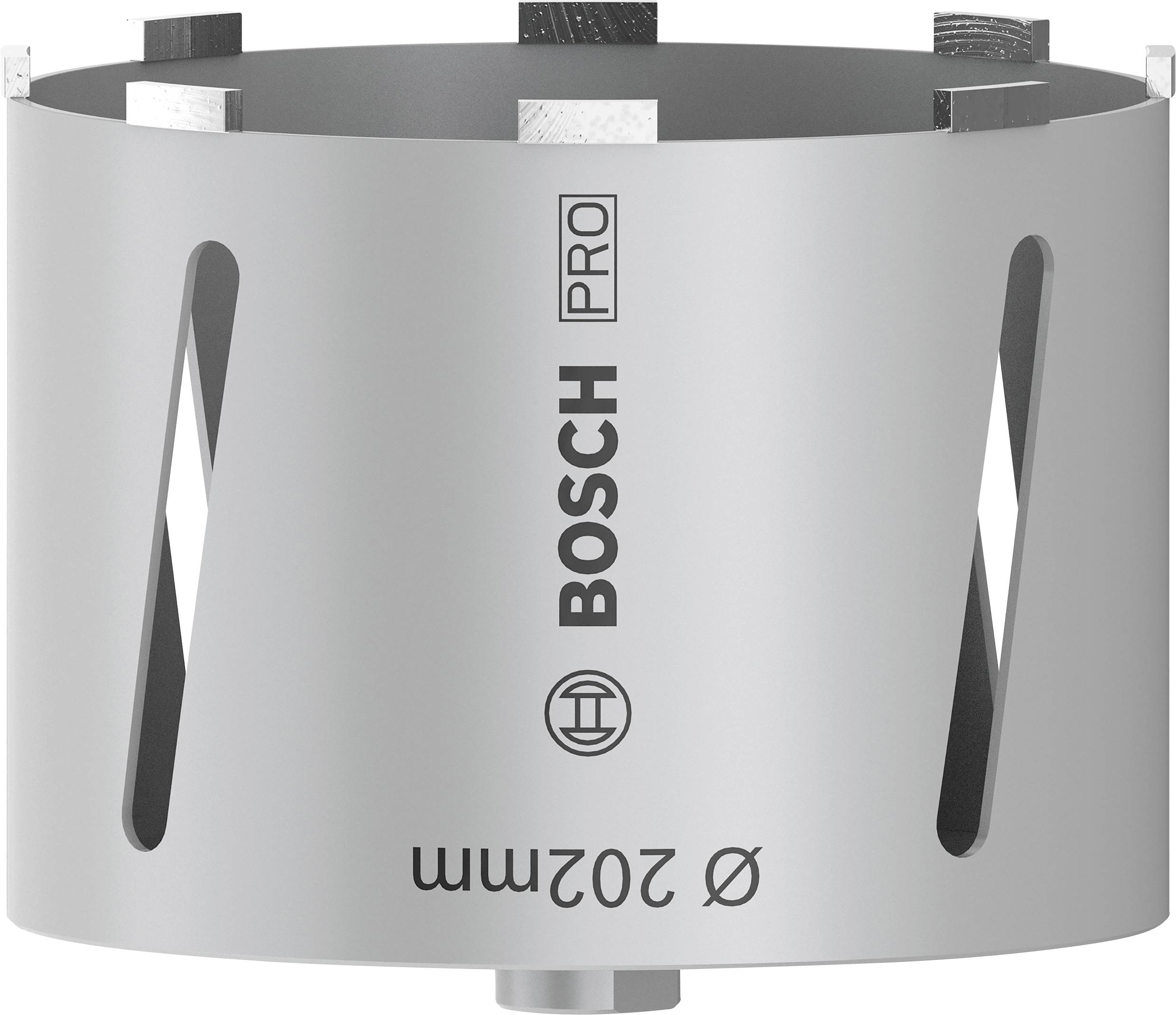 Bosch Pro fúrókorona, ezüstös hengeres forma, professzionális fúrási munkákhoz alkalmas, leolvasható 202 mm-es átmérővel.