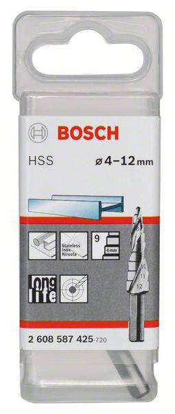 'Bosch HSS lépcsős fúrószár, Ø 4-12 mm, alkalmas rozsdamentes acélhoz, 9 fokozat, hosszú élettartam.'