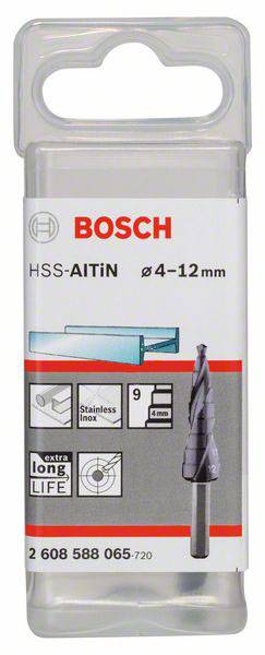 'Bosch HSS-AlTiN lépcsős fúró, átmérő 4-12 mm, 9 lépcső, extra hosszú élettartam, alkalmas nemesacélhoz.'
