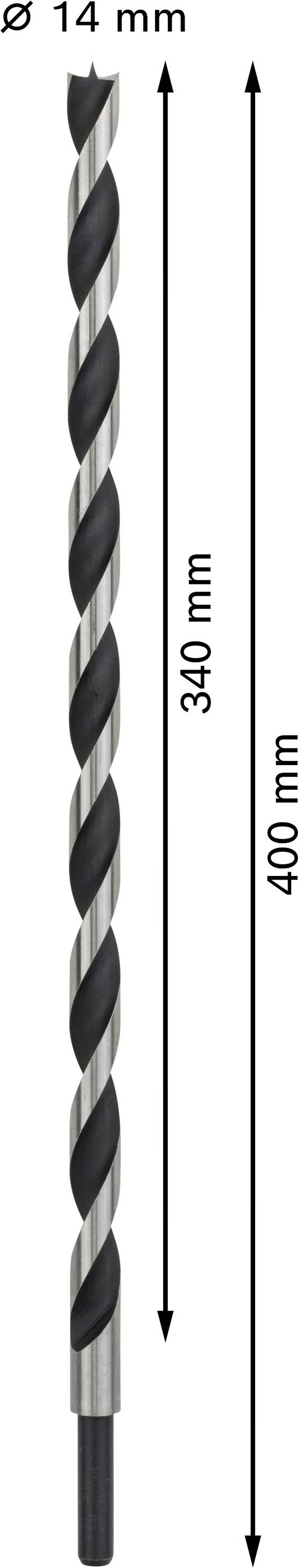 Fúró 14 mm átmérővel, teljes hossz 400 mm, hasznos hossz 340 mm.