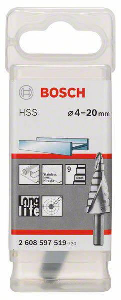 Egy Bosch HSS-lépcsős fúrófej csomagolása, méret Ø 4-20 mm, rozsdamentes acélhoz alkalmas, egy fúrófejt és alkalmazási részleteket mutat.