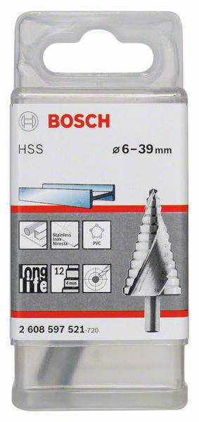 Bosch HSS lépcsős fúrófej, átmérő 6-39 mm, alkalmas rozsdamentes acélhoz, fémhez és PVC-hez, tartós, a csomagolásban ábrázolva.
