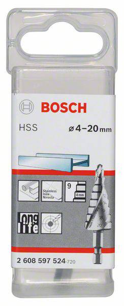 Egy Bosch HSS lépcsős fúró csomagolása, 4-20 mm átmérővel. Alkalmas rozsdamentes acélhoz és lemezekhez. Tartalmaz grafikai elemeket és termékadatokat.