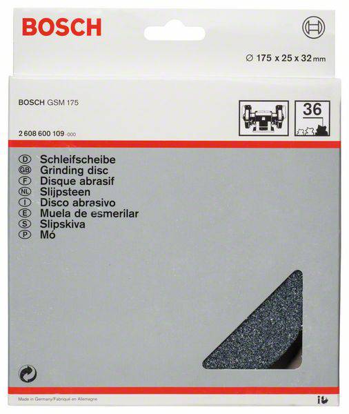 Egy Bosch GSM 175 csiszolókorong, 36-os szemcsemérettel, 175 x 25 x 32 mm méretben, csiszolási munkálatokhoz alkalmas. Grafikákat és szöveget tartalmaz.