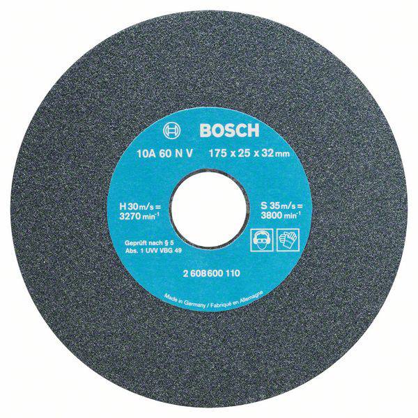 Bosch csiszolótárcsa, kék címke a közepén specifikációkkal: 175x25x32 mm, H 30 m/s, a § 6 szerint ellenőrizve, németországi gyártásból.