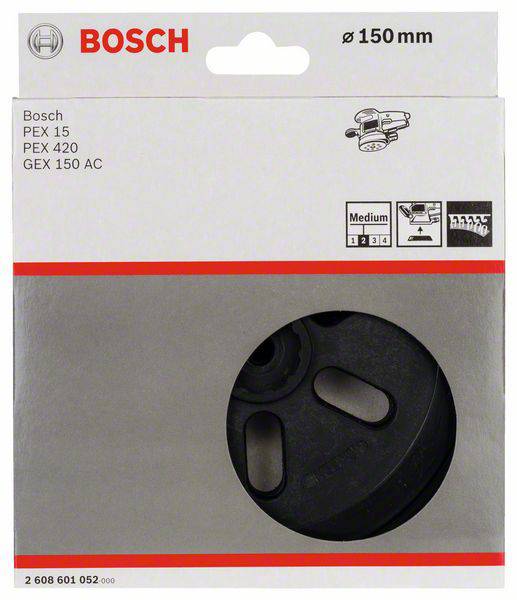Csiszolótárcsa doboz Bosch 150 mm-es csiszolótárcsához, kompatibilis a PEX 15, PEX 420, GEX 150 AC típusokkal. Csiszolótárcsa képét ábrázolja.
