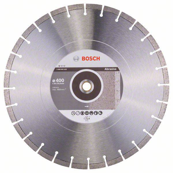 Bosch gyémánt fűrészlap ezüstszínű pengével és fekete címkével, 400 mm átmérőjű. Alkalmas abrázív anyagok vágására.