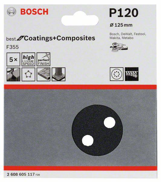 125 mm átmérőjű csiszolótárcsa, P120-as szemcseméret, alkalmas bevonatokhoz és kompozitokhoz, kompatibilis Bosch, DeWalt és Festool gépekkel.