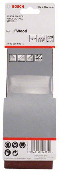 Bosch csiszolószalag, 75x457 mm, fához, kompatibilis Bosch, Makita, Skil gépekhez. Szemcseméret: 220. Felhasználási cél: fa csiszolása.