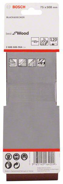 Bosch csiszolószalag csomagolása, 75 x 508 mm, fához, felhasználási lehetőségeket bemutató képekkel, 120-as szemcseméret, kompatibilis Black & Decker gépekkel.
