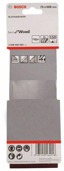 'Bosch csiszolólapok, 75x508 mm, fa megmunkáláshoz, 150-es szemcseméret, 3 darab, szalagcsiszolóhoz, famegmunkáláshoz.'