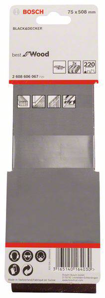 Egy Bosch csiszolószalag csomagolása, 75 x 508 mm, fához. Az ábra termék címkéket, vonalkódot és alkalmazási piktogramokat mutat.