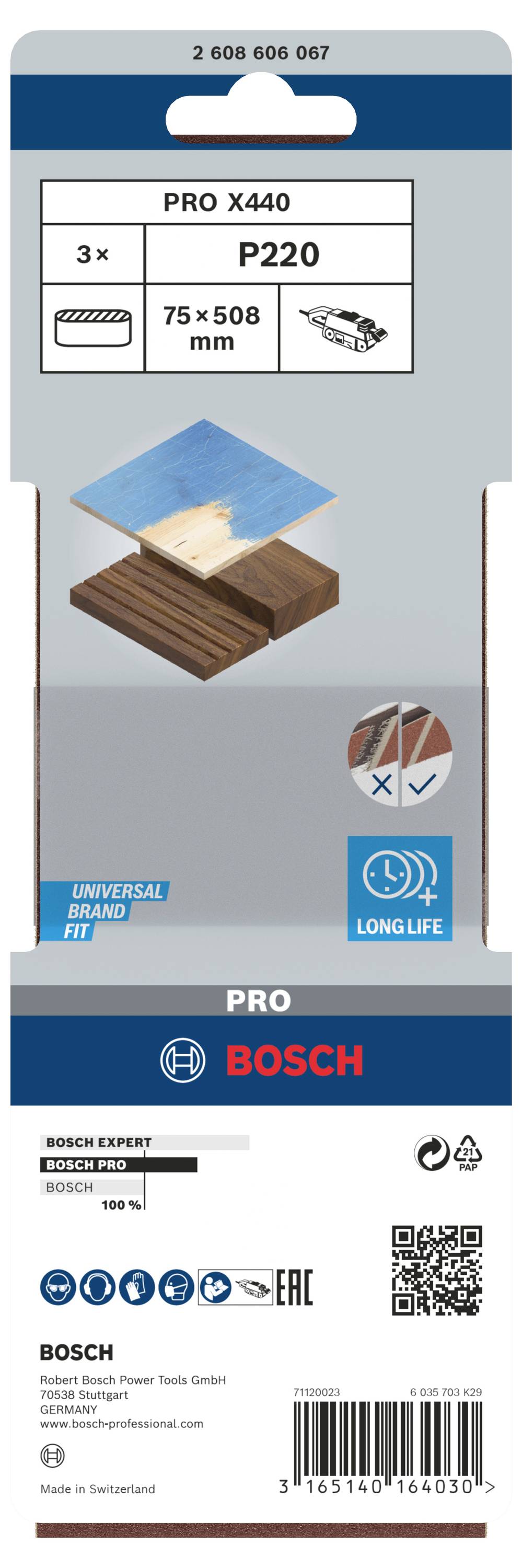 Csiszolópapír csomagolás 'PRO X440 P220, 75 x 508 mm, 3x' felirattal. Fán való alkalmazást mutat. Bosch márkalogó látható.
