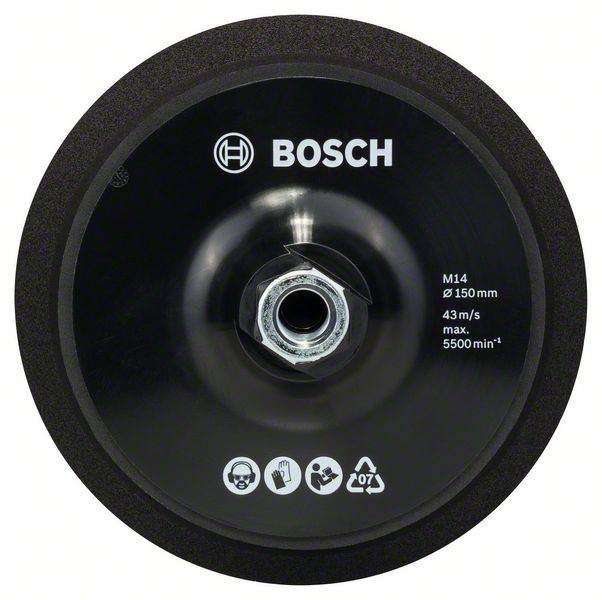 Bosch csiszolótárcsa, 150 mm átmérő, M14 befogás, max. 43 m/s, 5500 ford/perc, biztonsági és újrahasznosítási szimbólumokkal.