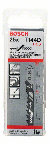 25 darabos Bosch szúrófűrészlap készlet T144D modell, alkalmas fához, max. 100 mm hosszúságig és 5-50 mm vastagságig.
