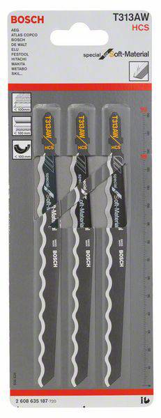 'Három Bosch szúrófűrészlap, T313AW modell, puha anyagokhoz alkalmas. A csomagon méretjelzés az oldalán.'
