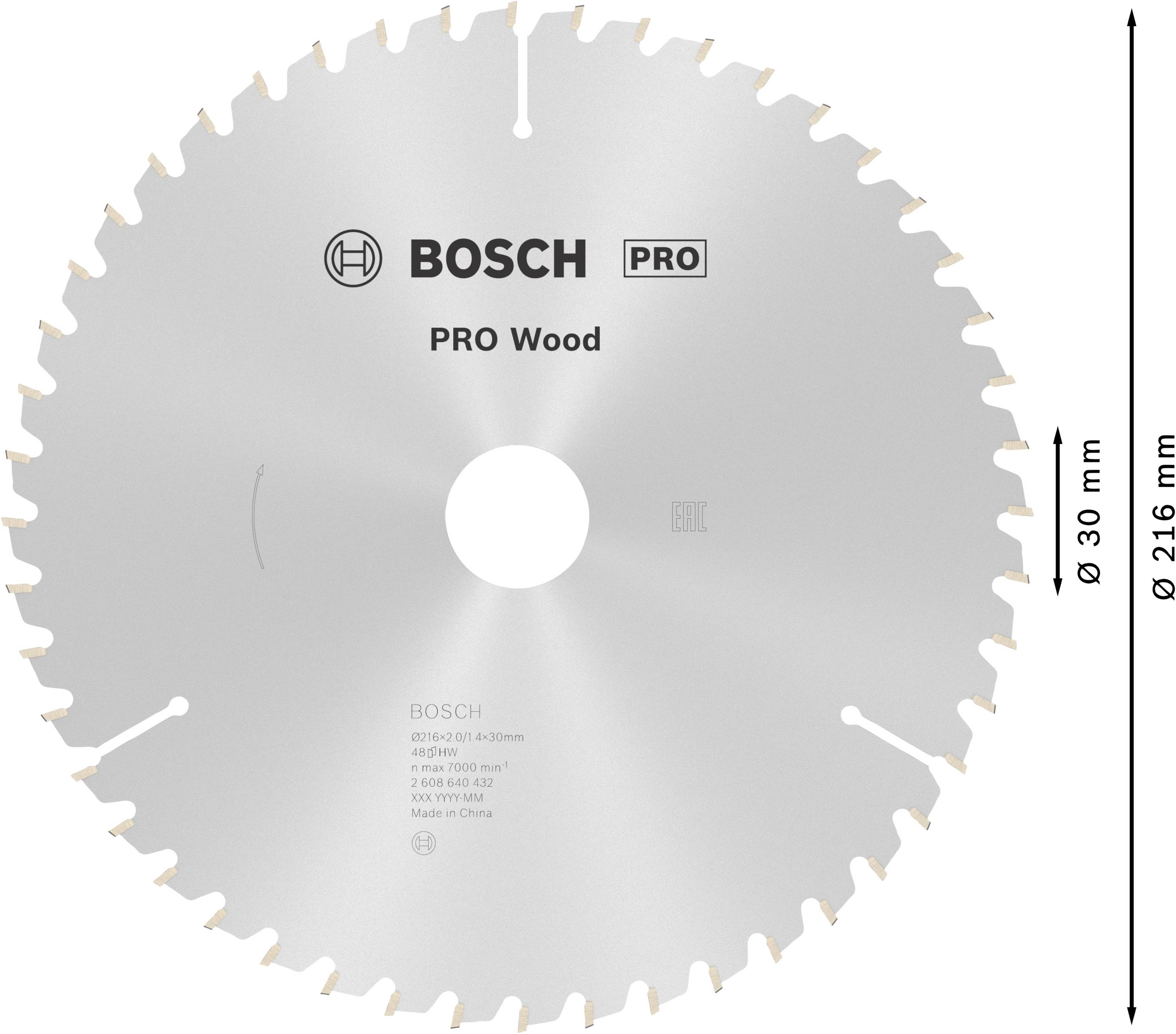 Bosch körfűrészlap, 'PRO Wood' modell, átmérő 216 mm, furat 30 mm. Alkalmas fa precíz vágására.