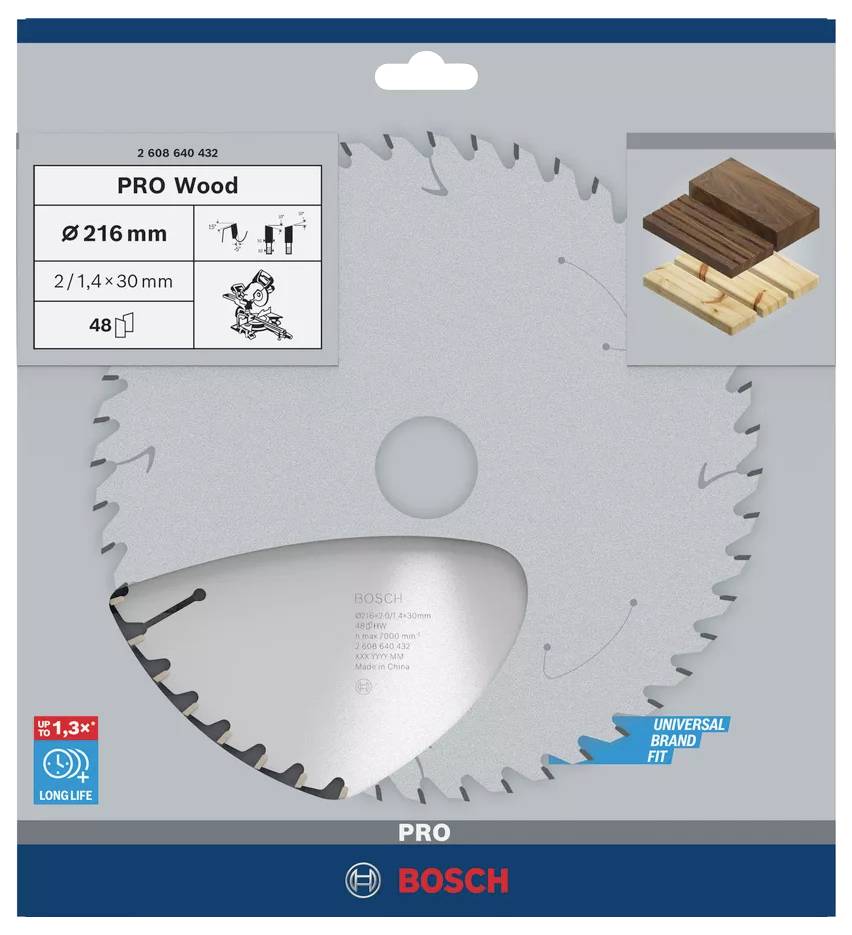 Fűrészlap fához, Ø 216 mm, alkalmas különböző fajtájú fákhoz, 48 foggal, Bosch márkájú, precíz vágásokhoz, hosszú élettartammal.