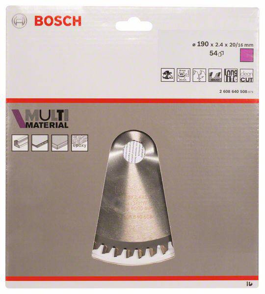 Egy Bosch multifunkcionális fűrészlap csomagolása, amely bemutatja a fűrészlapot fogakkal, felhasználási lehetőségeket jelző szimbólumokkal és méretekkel.
