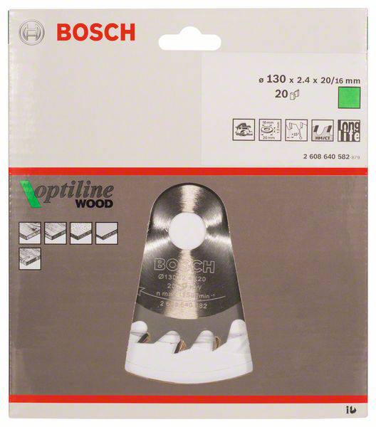 Egy Bosch körfűrészlap fűrészlap fa megmunkálásához, 'Optiline Wood' sorozat. Átmérő: 130 mm, 20 fog, kompatibilis különböző fűrészmodellekkel.