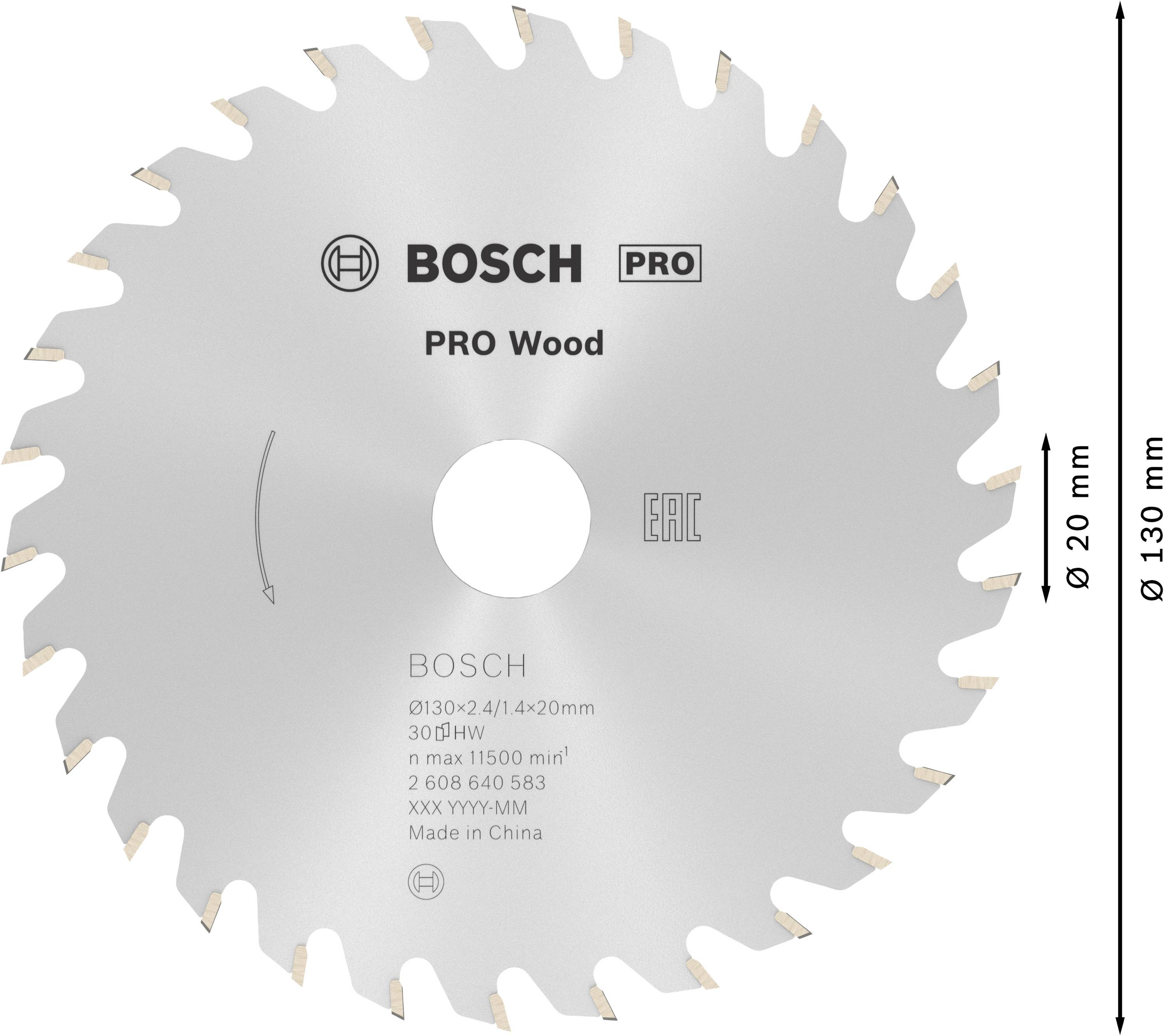 Körfűrészlap 'Bosch PRO Wood' 20 foggal és 30°-os dőléssel, 130 mm átmérő, faipari munkákhoz alkalmas.