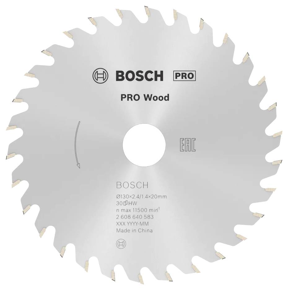 Fa vágásához tervezett, "BOSCH PRO Wood" felirattal ellátott, fogazott ezüst körfűrészlap, amelyen gyártási részletek láthatók.