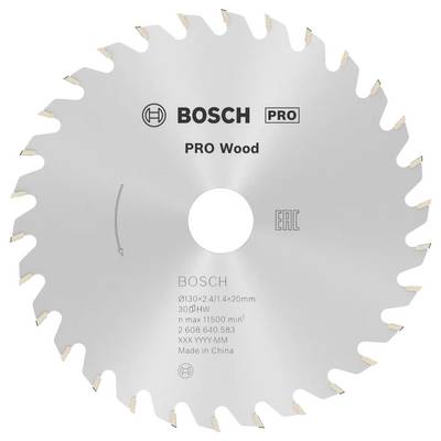 Fa vágásához tervezett, "BOSCH PRO Wood" felirattal ellátott, fogazott ezüst körfűrészlap, amelyen gyártási részletek láthatók.