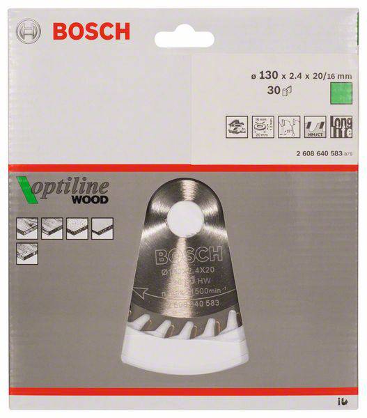 Bosch Optiline Wood körfűrészlap csomagolása, 130 mm átmérő, faipari munkákhoz alkalmas. Termék részletei fent jobbra.